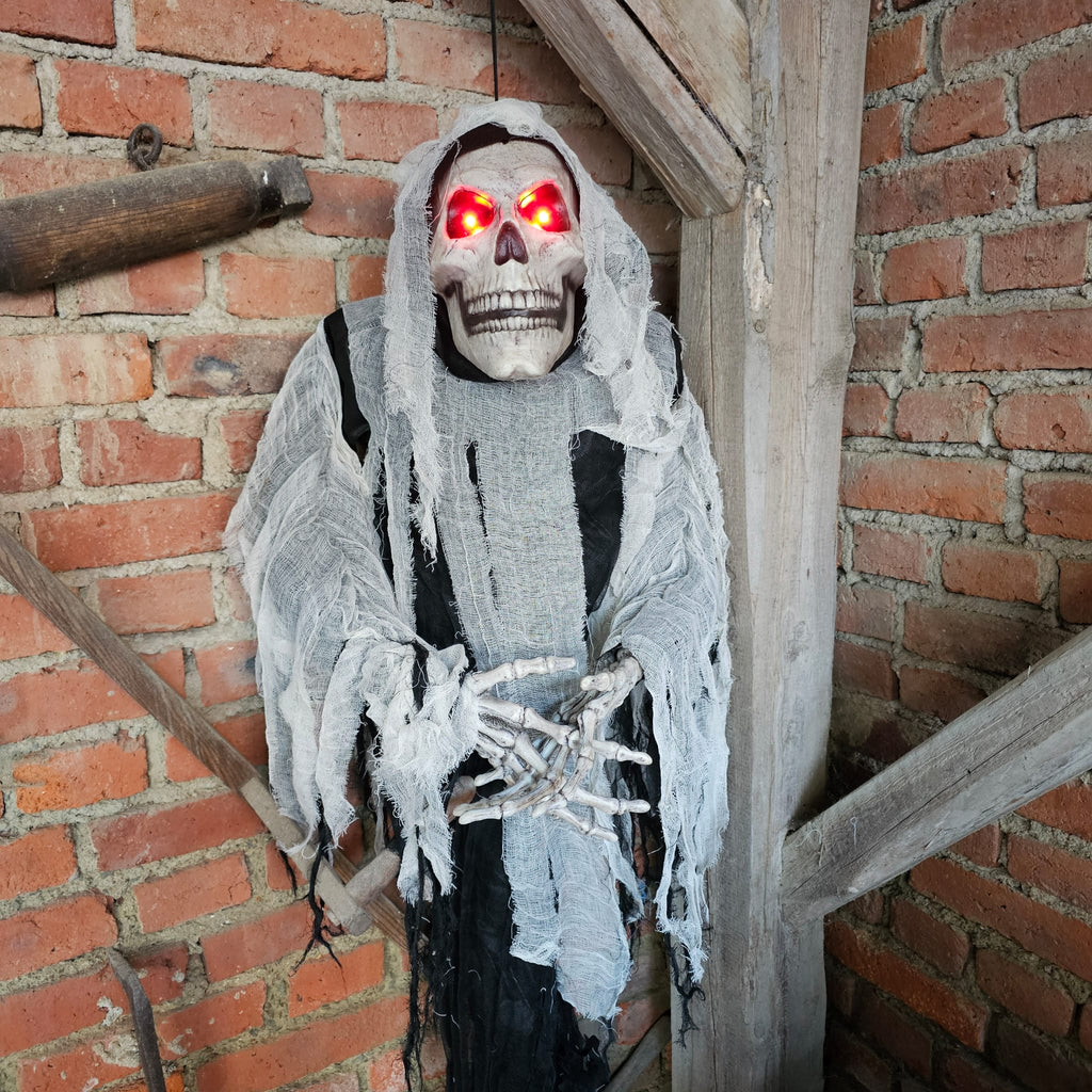 H&auml;ngendes Halloween-Skelett &ndash; 160 cm mit Sound & roten LED-Augen image 0